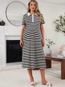 SHEIN 孕妇夏季休闲通勤黑白条纹印花Polo领连衣裙 - 黑與白 - 查看 6