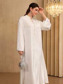 Al Najma 优雅奢华二合一立领连帽泡泡珍珠喇叭袖连衣裙，春夏款 - 白色 - 查看 9