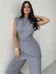 Firerie 卡其色简约优雅休闲通勤办公套装：无袖不对称褶皱腰身女士衬衫 + 常规褶皱阔腿女士长裤，亚麻通勤套装，女士沙滩装，机场装，度假装，教师装 - 淺灰色 - 查看 7