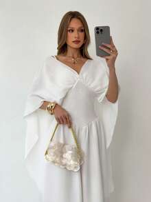 Aloruh Apricot V-Neck Flowy Elegant Romantic Vacation/Date Dress - Apricot - View 1