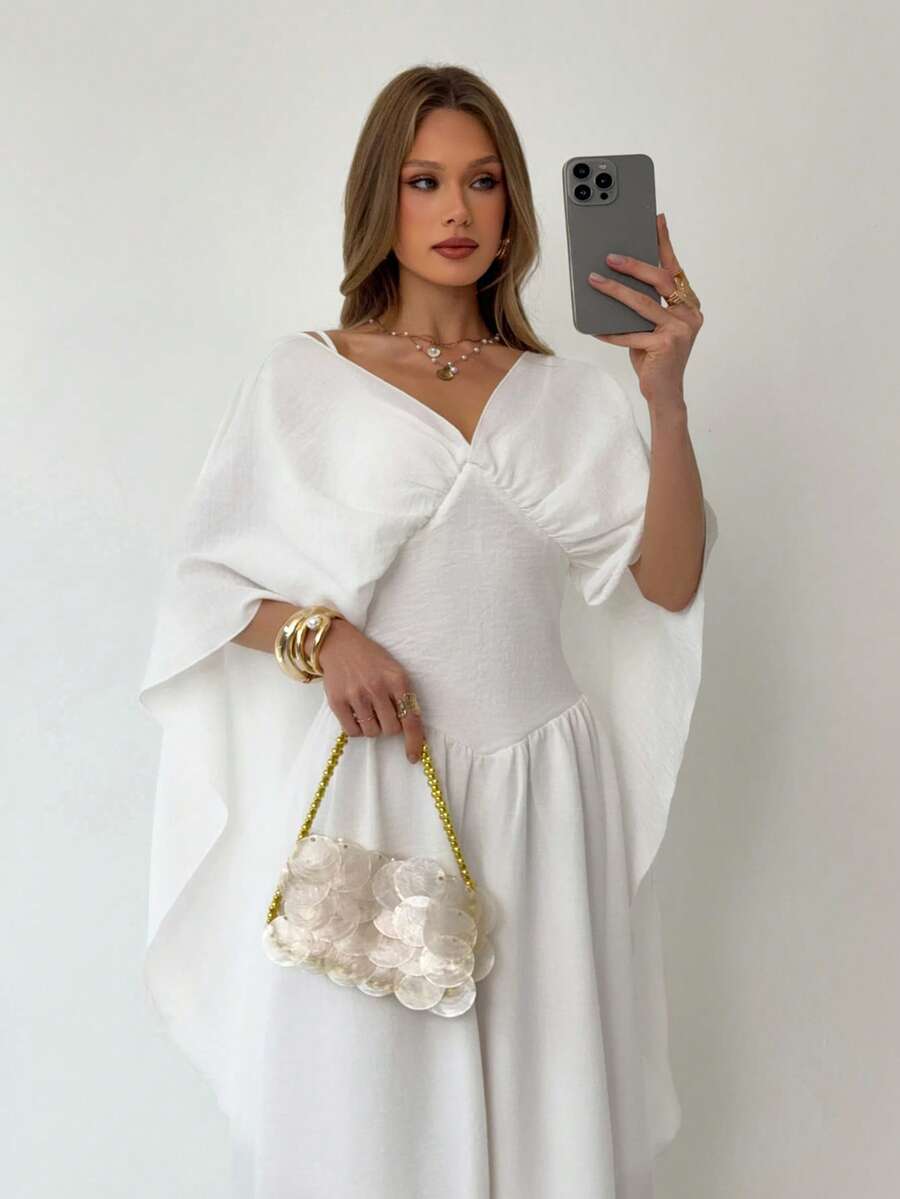 Aloruh Apricot V-Neck Flowy Elegant Romantic Vacation/Date Dress - Apricot - View 1