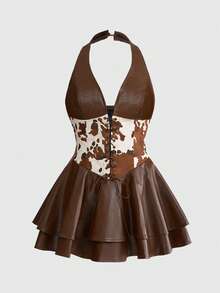 ROMWE Hippie 女士复古音乐节西部牛仔动物印花拼接PU露背连衣裙 - 棕色 - 查看 1