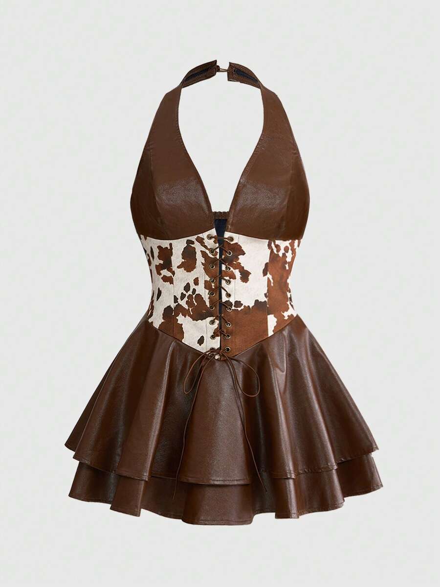 ROMWE Hippie 女士复古音乐节西部牛仔动物印花拼接PU露背连衣裙 - 棕色 - 查看 1
