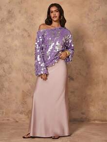 Rafferiza 女士优雅亮片露肩宽松灯笼袖衬衫，秋季 - 紫色 - 查看 4