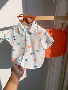 SHEIN 2件套男女宝宝夏季休闲可爱彩色恐龙印花短袖上衣和橙色短裤套装 - 彩色 - 查看 5