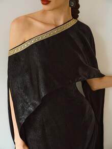 ZEYLAH Women's Asymmetrical Neckline Ribbon Design Sense Cloak Sleeve Cinched Waist Long Dress, Suitable For Party And Banquet - Black - View 2