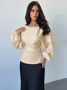 Firerie 女士新款优雅浪漫休闲都市通勤时尚百搭咖啡棕色圆领蝙蝠袖长袖系带X型修身衬衫，适合教师及秋季穿着 - 米色 - 查看 3