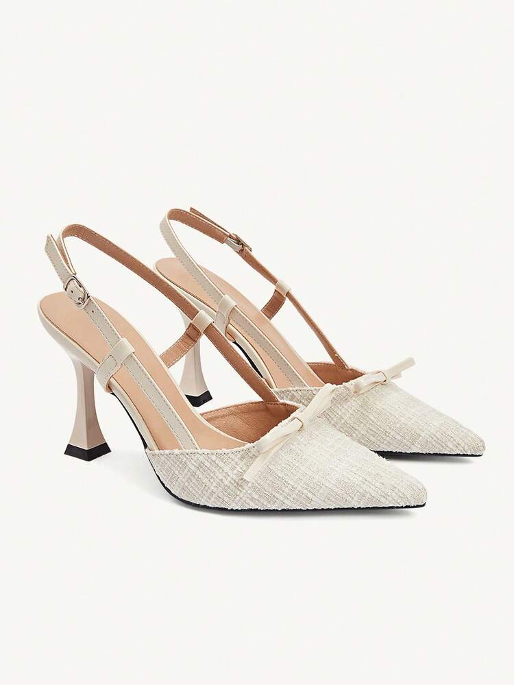 CUCCOO CHICEST 女性用靴 バックル調整可能 ベージュ ハイヒール ワイングラスヒール 9cm 尖った つま先 エレガントなスティレットヒール ホワイトリボン ハイヒール キトゥンヒール 多用途ファッション 日常/パーティー/クリスマス/結婚式/祭り/オフィスドレスに適しています エレガントな靴 ウェディングシューズ