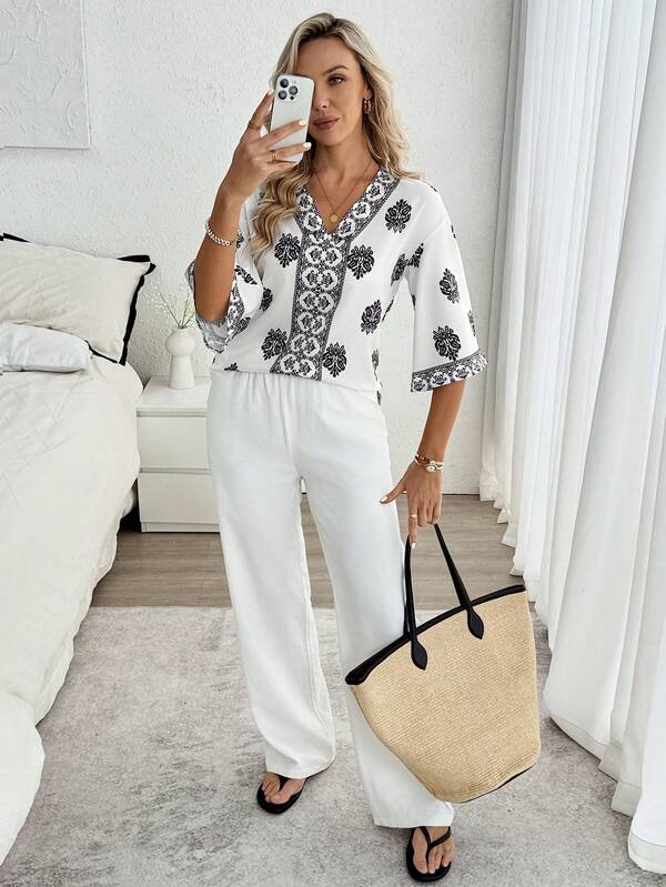 Louniche Floral Print V-Neck Short Sleeve Shirt For Women, Vacation Wear