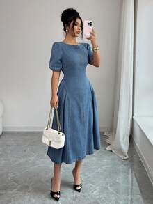 Elenzga 女士束腰时尚牛仔连衣裙 - 中等水洗藍 - 查看 5