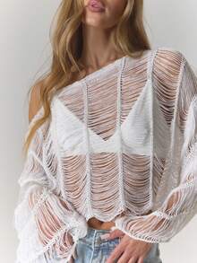 MUSERA 斜领破洞流苏串珠长袖上衣，西部乡村街头风，适合节日、优雅、Y2K、性感、可爱、90年代波西米亚风、中西部风、冬季、圣诞节、工作、办公室等各种场合。 - 白色 - 查看 5