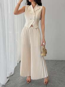 DAZY 女士休闲纯色西装领背心和阔腿裤两件套，夏季 - 杏色 - 查看 5