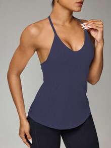 Easithlete Women's Solid Color Everyday Fitness Halter Neck Tank Top Curve Athletic Top Open Back Workout Top Backless Gym Top Open Back Athletic Top Activewear Racerback - Blue - View 2