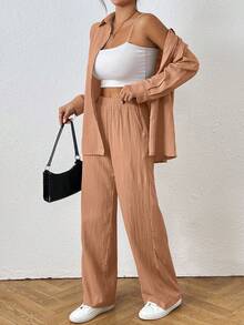 SHEIN PETITE Bộ đồ nữ màu trơn tối giản gồm áo dài tay và quần, thích hợp mặc hàng ngày. - trái cam - Xem 3