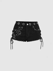 ROMWE Women's Y2K Millennium Retro Ultra Low Waist Mini Musical Note Rhinestone Embellished Denim Jeans - Black - View 1