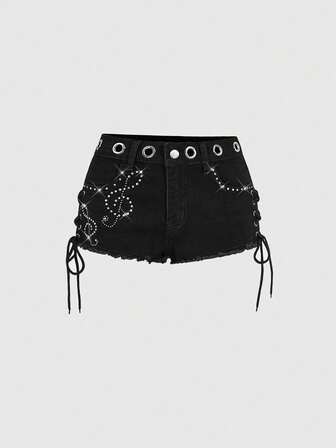 Jeans de mezclilla con notas musicales y adornos de strass, de cintura ultra baja, estilo retro Y2K para mujer