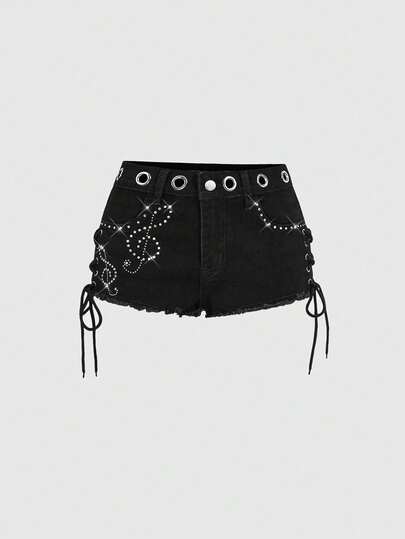 ROMWE 女士Y2K千禧复古超低腰迷你音符水钻装饰牛仔裤