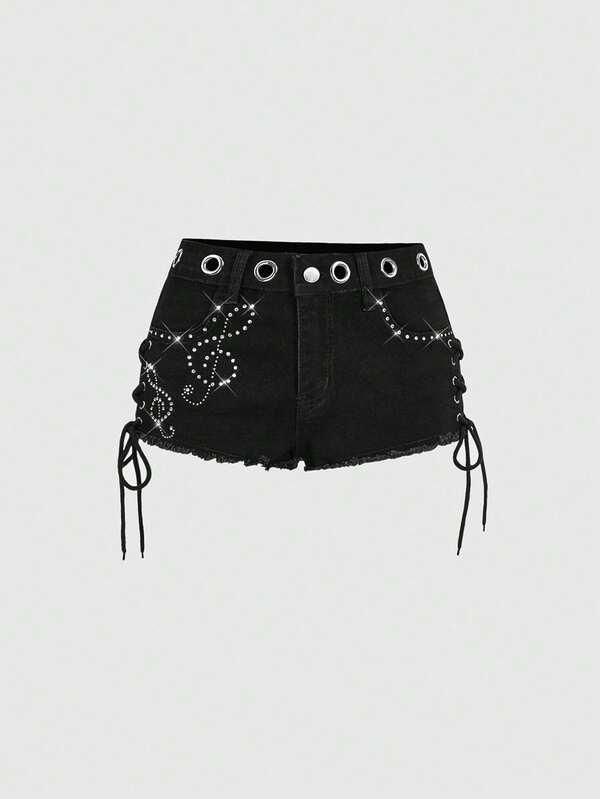 ROMWE Women's Y2K Millennium Retro Ultra Low Waist Mini Musical Note Rhinestone Embellished Denim Jeans