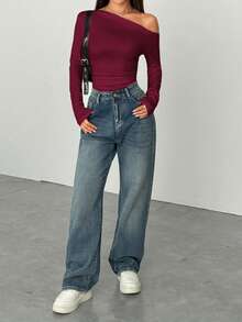 FavEase Body ajustado de manga larga con hombros oblicuos, cintura fruncida y estilo casual para mujer, otoño - Burdeos - Ver 3