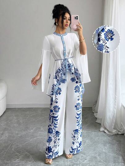 Elenzga Women's 2-Piece Set: Elegant Chinoiserie Print Round Neck Mandarin Collar Tie-Waist Bow Blouse With Asymmetrical Hem, Paired With Elastic Waist Printed Straight Leg Pants, Outfit
