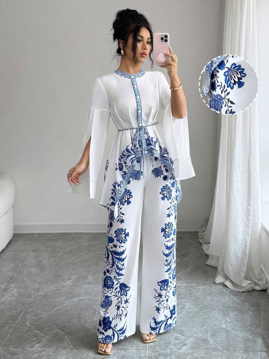 Elenzga Women's 2-Piece Set: Elegant Chinoiserie Print Round Neck Mandarin Collar Tie-Waist Bow Blouse With Asymmetrical Hem, Paired With Elastic Waist Printed Straight Leg Pants, Outfit - Multicolor - View 1