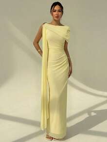 Aloruh 女士纯色荷叶边系带设计优雅束腰连衣裙，适合派对穿着 - 淡黃色 - 查看 9