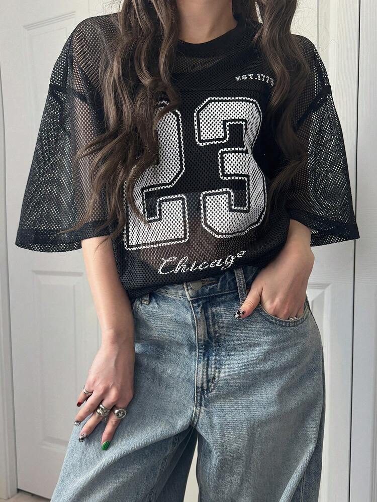 FRIFUL Top deportivo de mujer con cuello redondo, malla suelta y decoración de estampado de letra en el pecho - Gris - Ver 2