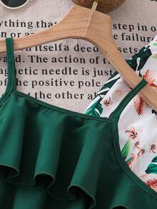 SHEIN Explorewe Bộ đồ đi nghỉ mát cho bé gái, áo hai dây xếp tầng kết hợp quần ống rộng in hoa, thanh lịch, phù hợp cho đi chơi hàng ngày, đi biển và chụp ảnh. - màu xanh lá - Xem 8