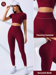 SHEIN Core Rhythm High Stretch Seamless Women's Short Sleeve Top And High Waist Long Pants Sports Suit Women S Athletic Sets Workout Clothes Women Workout Rompers Jumpsuits Women Clothing Athletic - Burgundy - View 5