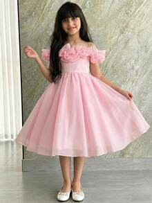 SHEIN Tween Girl Elegant One-Shoulder Ruffle Hem Peplum Dress - Black - View 4