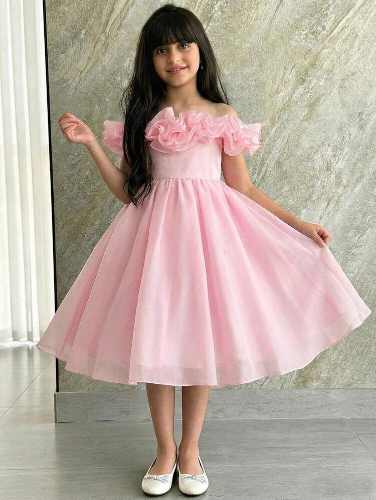 SHEIN Tween Mädchen Elegant Off-Shoulder Rüschen Saum Peplum Kleid - Schwarz - Übersicht 4