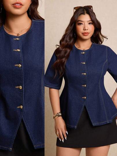 Elaquor Plus-Size Dark Blue Denim Top, Fitted Waist Shirt With Gold Metal Buckle Embellishments, Elegant And Stylish Short-Sleeved Women's Clothing, Perfect For Summer Office Wear. Smart Casual Plus Size