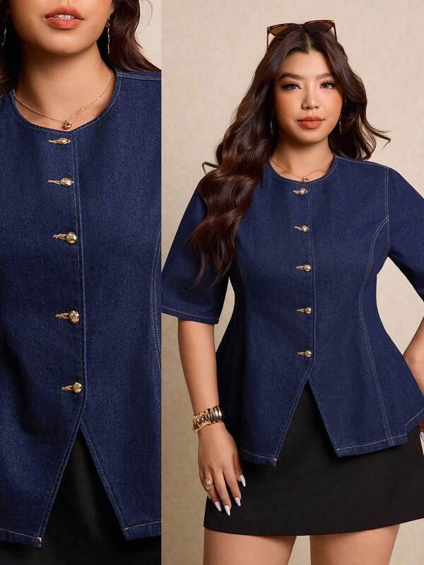 Elaquor 大码女式短袖单排扣休闲宽松牛仔衬衫