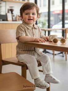 Cozy Pixies 2pcs/Set Baby Boy Blue And White Striped Summer Casual Family Matching Vacation Lapel Short Sleeve Cardigan Top,Elastic Waist Straight Leg Pants - Khaki - View 4