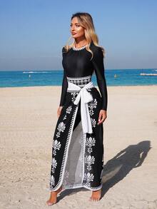 Swim Mulvari Women's Spring/Summer Fashionable Round Neck Long Sleeve Zipper One-Piece Suit And Women's Long Swim Trunks Extra Long Tie-Waist Mesh Skirt One-Piece Set - Black and White - View 4