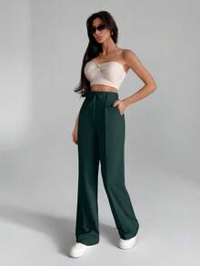EURMUSE Women Solid Color Wide Leg Tie Front Detailed Pants - Green - View 3