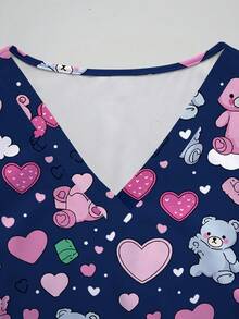 PopScrub Cartoon Bear Heart-Shaped Short Sleeve Women Nursing Scrubs Top, Nurse Uniform - Multicolor - View 4