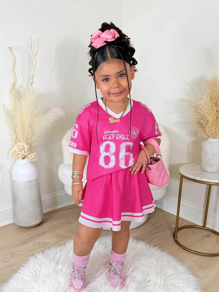 Bộ 2 món đồ thể thao dệt kim in số cho bé gái, thời trang và thoải mái để mặc hàng ngày. - Hồng - Xem 1