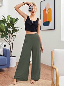 SHEIN Essnce 女士休闲日常通勤简约纯色宽松阔腿裤 - 綠色 - 查看 3