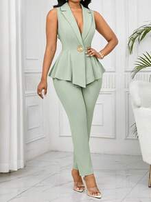 SHEIN Lady 大码女式纯色立领金属装饰荷叶边下摆背心上衣和裤子正式套装，通勤风格 - 薄荷綠 - 查看 5