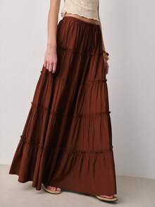 Nöista 棕色多层长裙，腰部抽绳可调节，拼接设计。波西米亚风，适合夏季、春季穿着。 - 棕色 - 查看 4