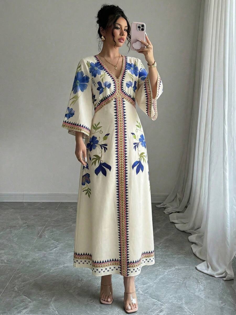 Yasmyna 女士优雅通勤印花喇叭袖连衣裙 - 藍色 - 查看 1