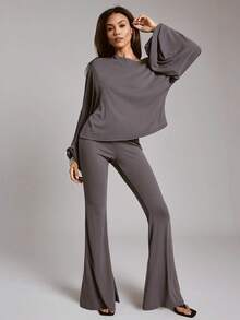 Hauture Women's 2 Pieces Set Off Shoulder Semi Sheer Knit Loose Top With Flare Maxi Pant - Grey - View 4