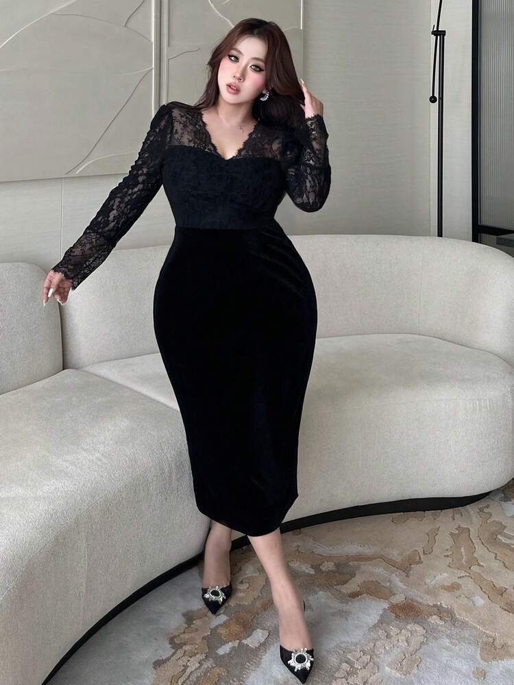 Dazy Plus Plus Size Women's Lace & Velvet Patchwork V-Neck Sexy Bodycon Dress, Suitable For Dates, Banquets, Parties, Spring/Summer Maxi Dress