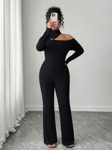 Elenzga Plus Size Women's Solid Color Round Neck Jumpsuit, Suitable For Commuting - Black - View 4