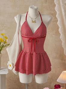Swim Mod 2026春夏度假沙滩红色格子可爱甜美V领双层泳衣连衣裙，新款女式泳装到货，适合上学、度假、约会、下午茶、西式、邮轮、海滩、海岛、公路旅行、四季皆宜、音乐节、波西米亚风度假、凉爽秋季、西部波西米亚风、优雅女式泳衣、女式吊带泳衣、可爱女式泳衣、女式沙滩装、女式连体泳衣、女式收腹泳衣、女式全包臀泳衣、女式夏季泳装连衣裙 - 紅色 - 查看 14