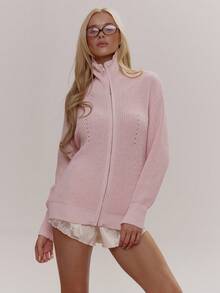 MUSERA High Neck Oversized Zip Through Ribbed Knit Jumper Cute Girly Sexy Spring Winter Going Out Daily Sugar Swizzle - Pink - View 5