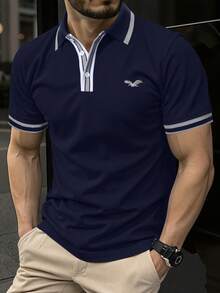 Manfinity Mode Men's Eagle Print Striped Short Sleeve Casual Commuter Polo Shirt - Navy Blue - View 3