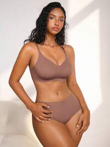 NudeFit 2pcs Set Minimalist Comfortable Jelly Gel Seamless Underwear, Includes Triangle Panties And Sleep Bra - Mocha Brown - View 4