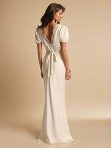 SHEIN BAE Vestido elegante de satén y encaje con escote en V, mangas cortas y espalda descubierta, en color albaricoque, adecuado para invitados de boda, brunch, ocasiones sociales, verano, citas, fiestas de cumpleaños - Albaricoque - Ver 6